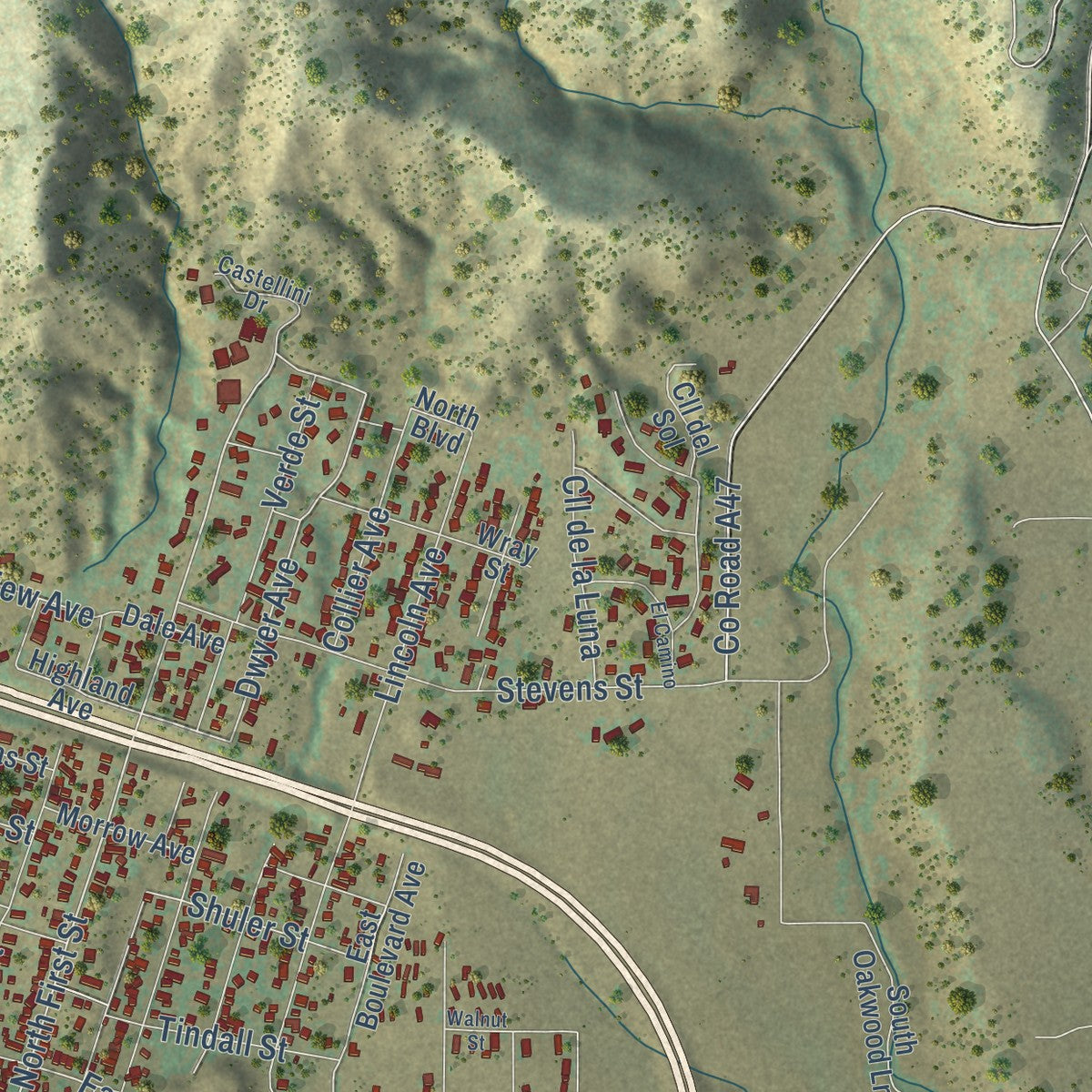 Second close-up of the map of Raton, New Mexico print showing more streets and buildings