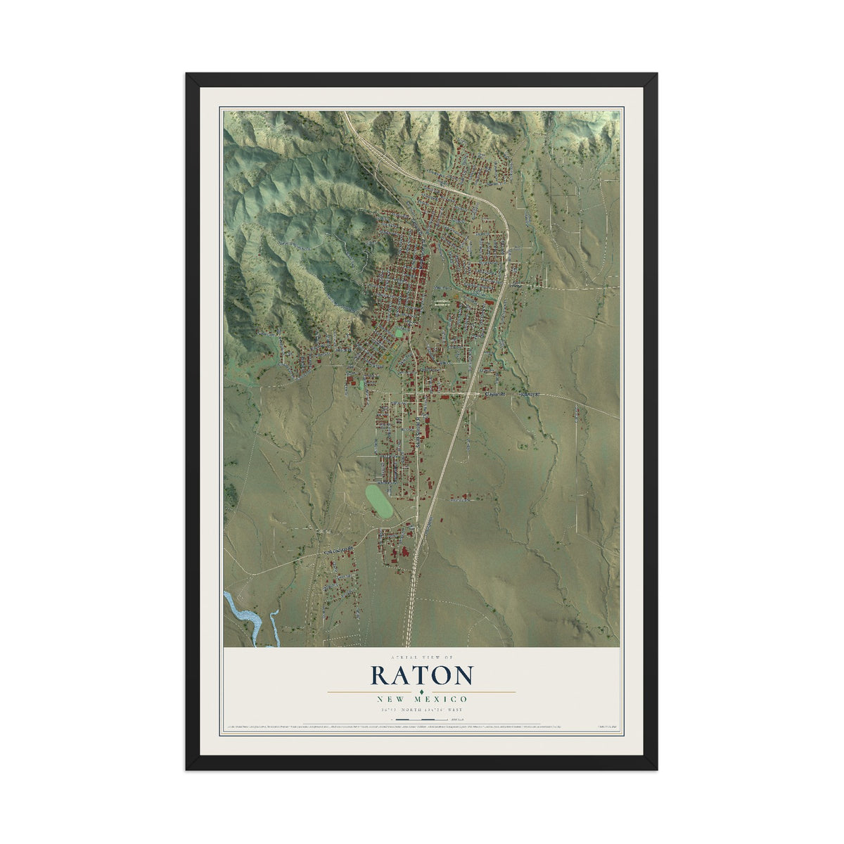 Map of Raton, New Mexico, 12 x 18 inch print in a black wood frame