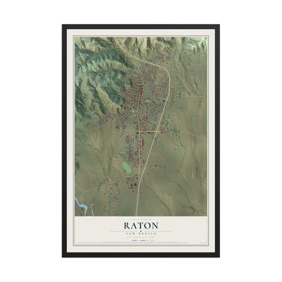 Map of Raton, New Mexico, 12 x 18 inch print in a black wood frame