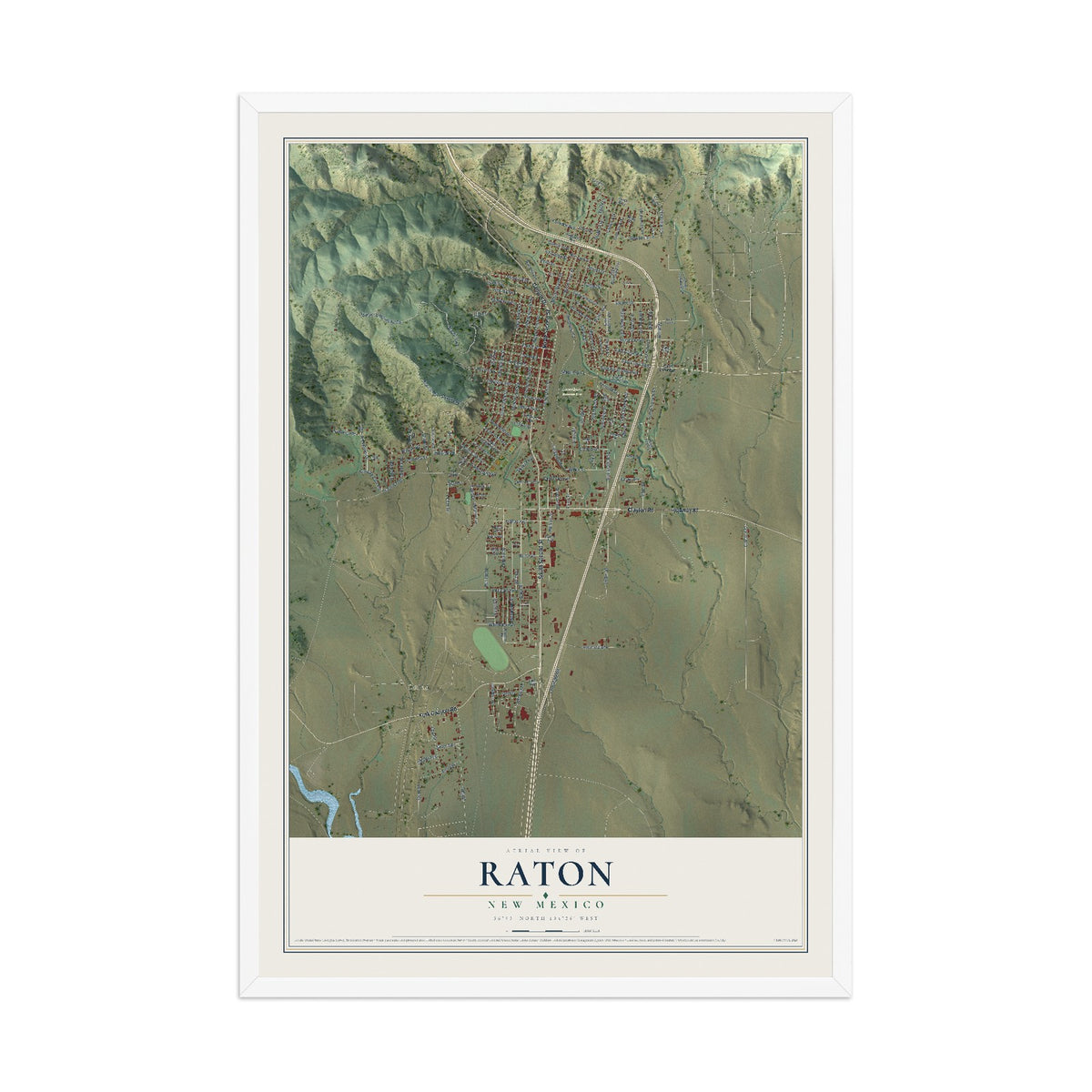 Map of Raton, New Mexico, 12 x 18 inch print in a white wood frame