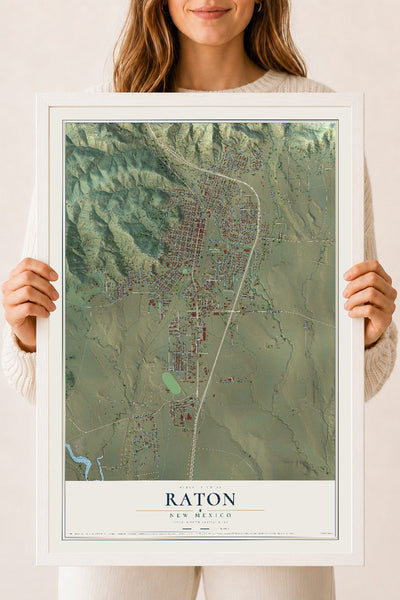 Map of Raton, New Mexico, 18 x 24 inch print in a white wood frame