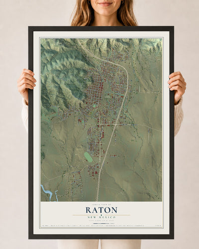 Map of Raton, New Mexico, 24 x 36 inch print in a black wood frame