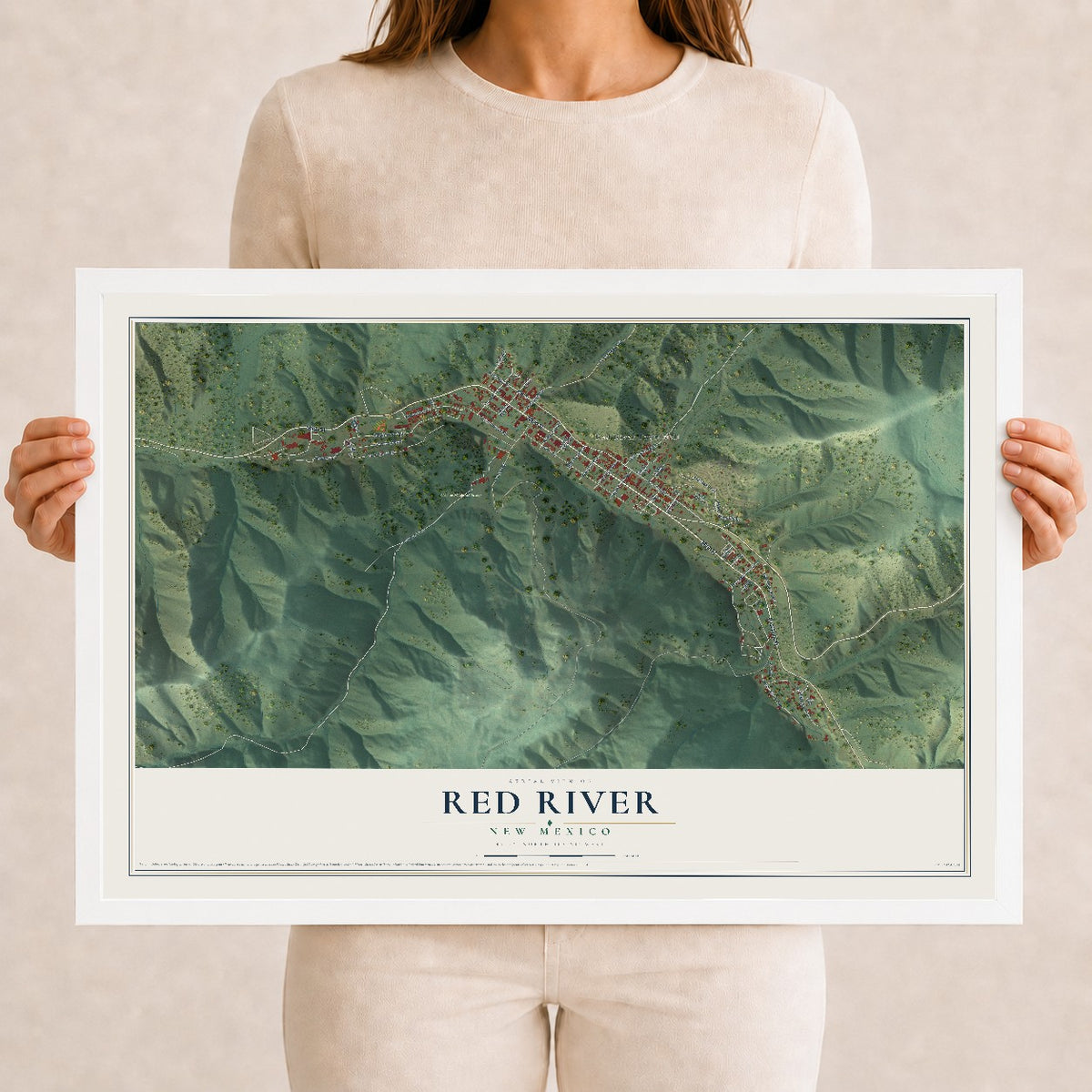 Map of Red River, New Mexico, 12 x 18 inch print in a white wood frame