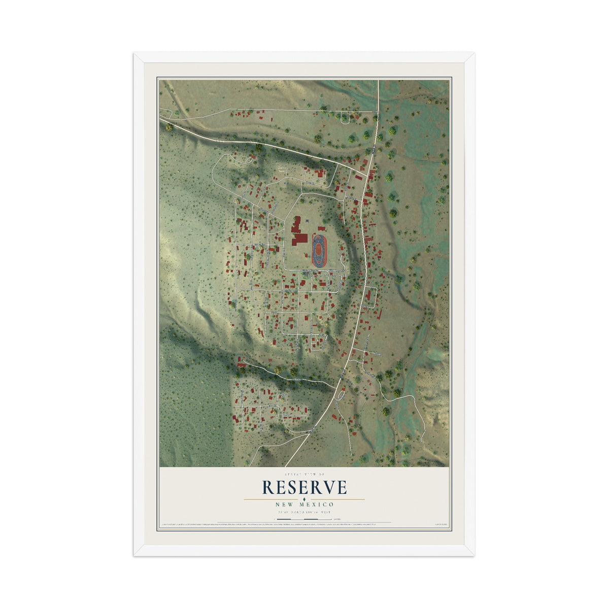 Map of Reserve, New Mexico, 12 x 18 inch print in a white wood frame