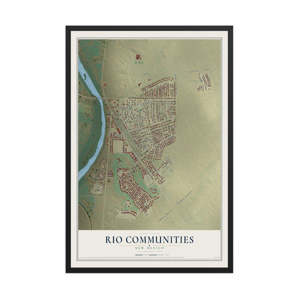 Map of Rio Communities, New Mexico, 12 x 18 inch print in a black wood frame