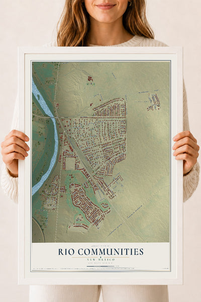 Map of Rio Communities, New Mexico, 18 x 24 inch print in a white wood frame
