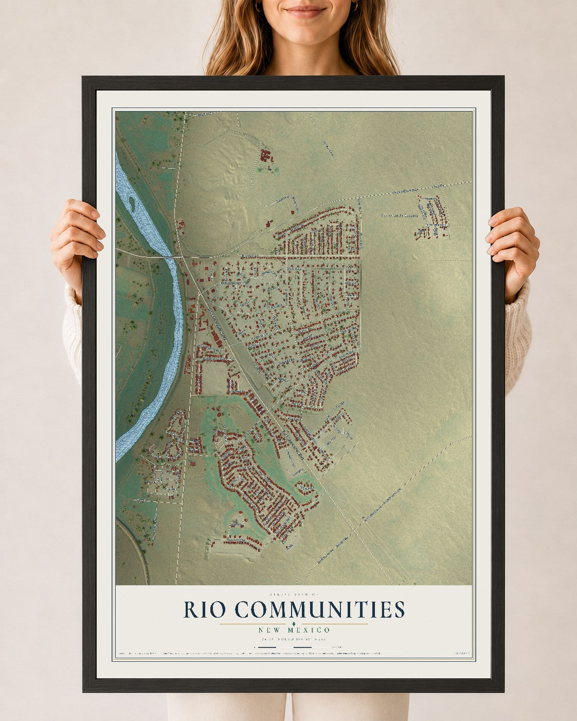 Map of Rio Communities, New Mexico, 24 x 36 inch print in a black wood frame