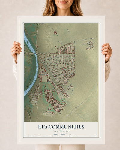 Map of Rio Communities, New Mexico, 24 x 36 inch print in a white wood frame