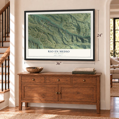 Rio en Medio, New Mexico map, 24 x 36 inch print in a black frame above a dresser by a staircase