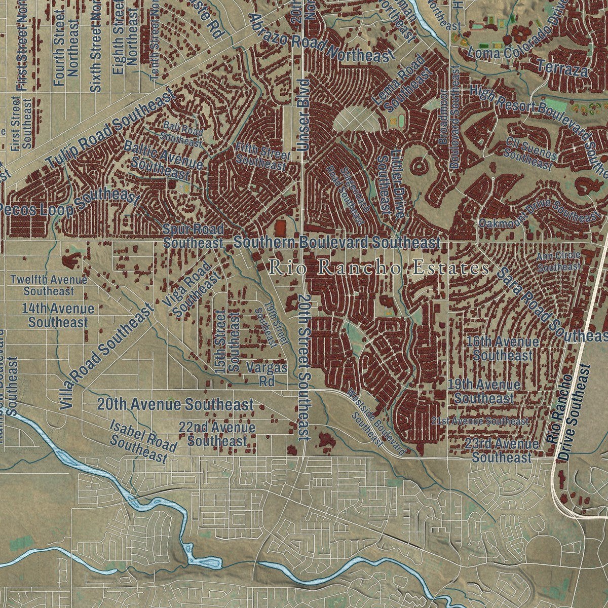 Close-up of the map of Rio Rancho, New Mexico print showing street and building detail