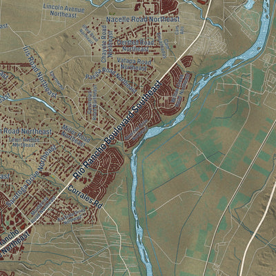 Second close-up of the map of Rio Rancho, New Mexico print showing more streets and buildings