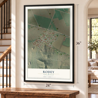 Rodey, New Mexico map, 24 x 36 inch print in a black frame by a staircase