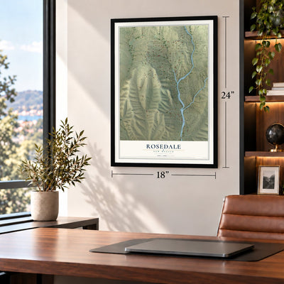 Rosedale, New Mexico map, 18 x 24 inch print in a black frame in a home office