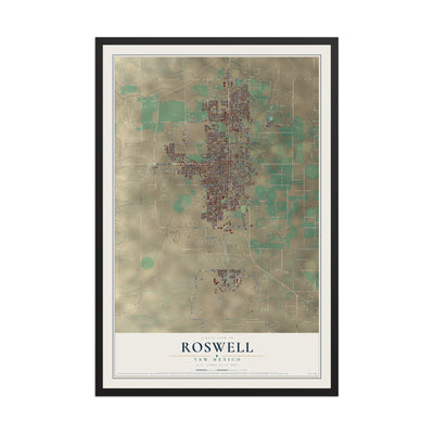 Map of Roswell, New Mexico, 12 x 18 inch print in a black wood frame