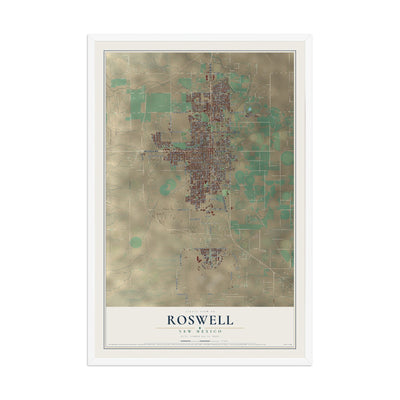 Map of Roswell, New Mexico, 12 x 18 inch print in a white wood frame