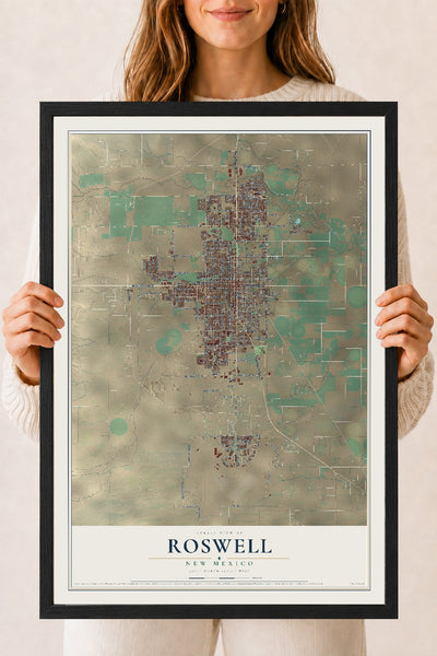 Map of Roswell, New Mexico, 18 x 24 inch print in a black wood frame