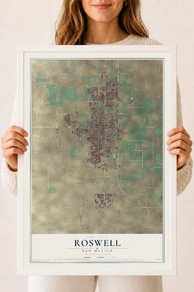 Map of Roswell, New Mexico, 18 x 24 inch print in a white wood frame