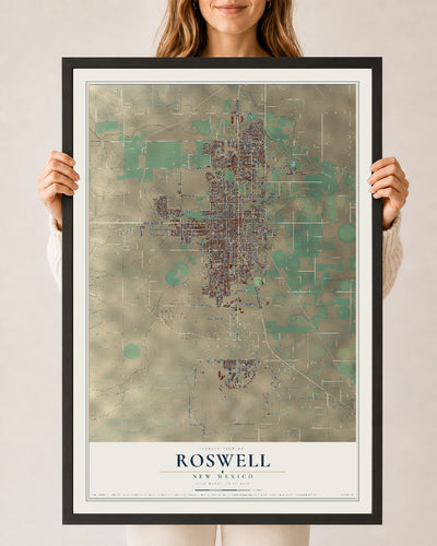 Map of Roswell, New Mexico, 24 x 36 inch print in a black wood frame