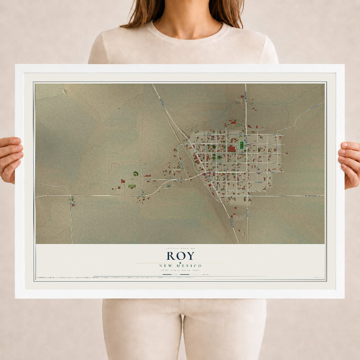 Map of Roy, New Mexico, 18 x 24 inch print in a white wood frame