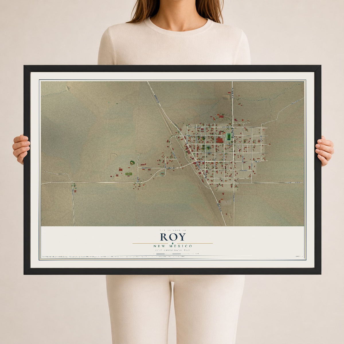 Map of Roy, New Mexico, 24 x 36 inch print in a black wood frame