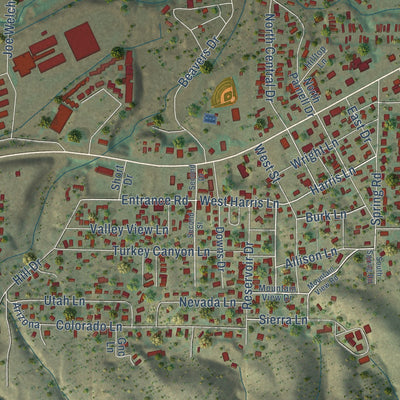 Close-up of the map of Ruidoso Downs, New Mexico print showing street and building detail
