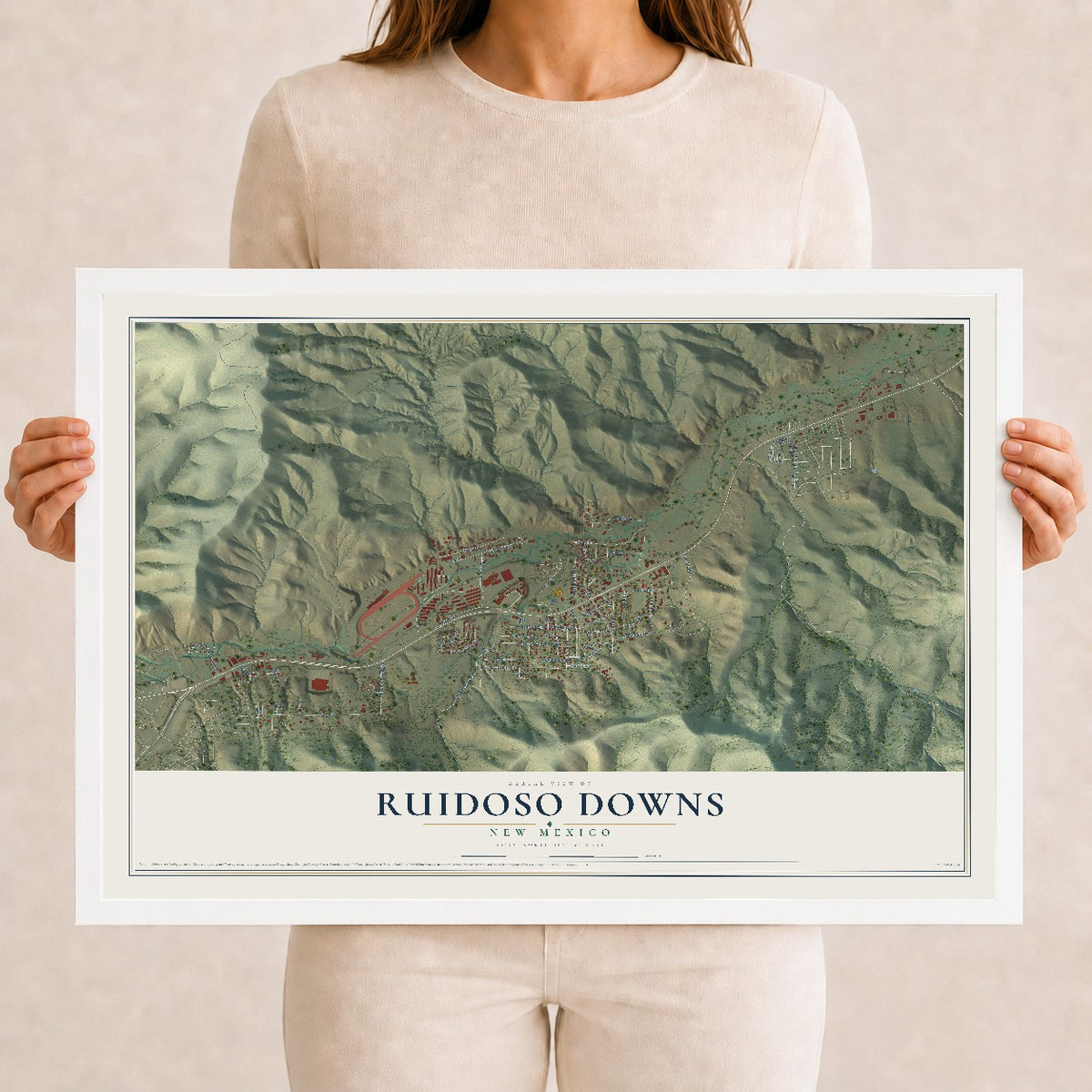 Map of Ruidoso Downs, New Mexico, 12 x 18 inch print in a white wood frame