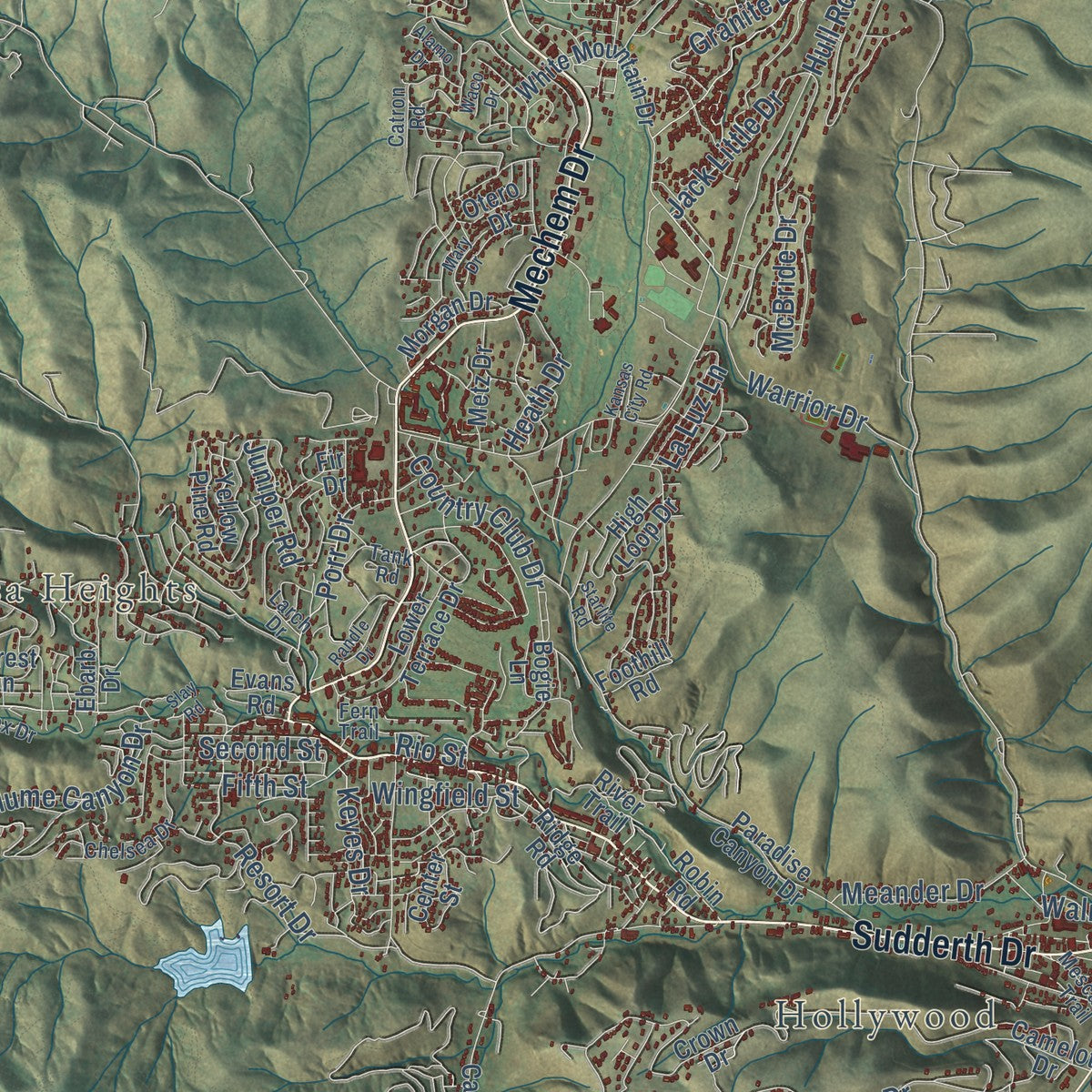 Close-up of the map of Ruidoso, New Mexico print showing street and building detail