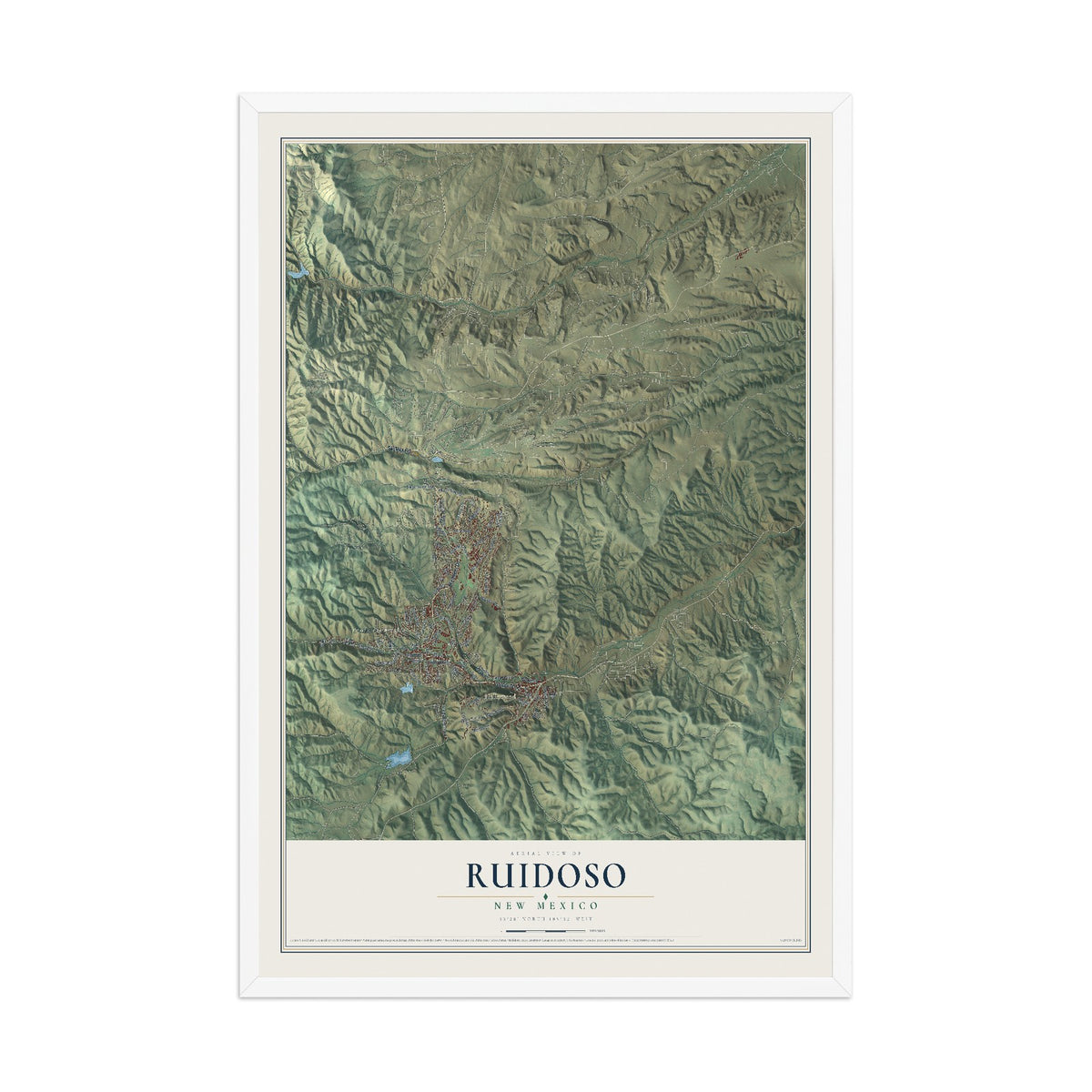 Map of Ruidoso, New Mexico, 12 x 18 inch print in a white wood frame