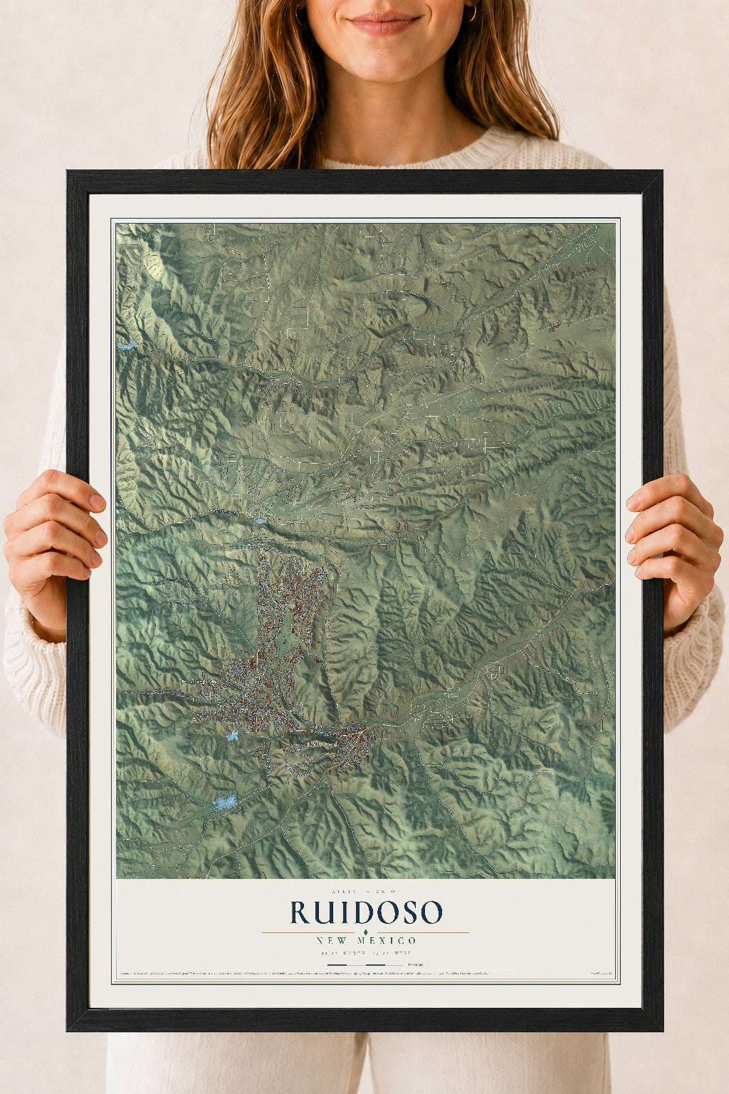 Map of Ruidoso, New Mexico, 18 x 24 inch print in a black wood frame