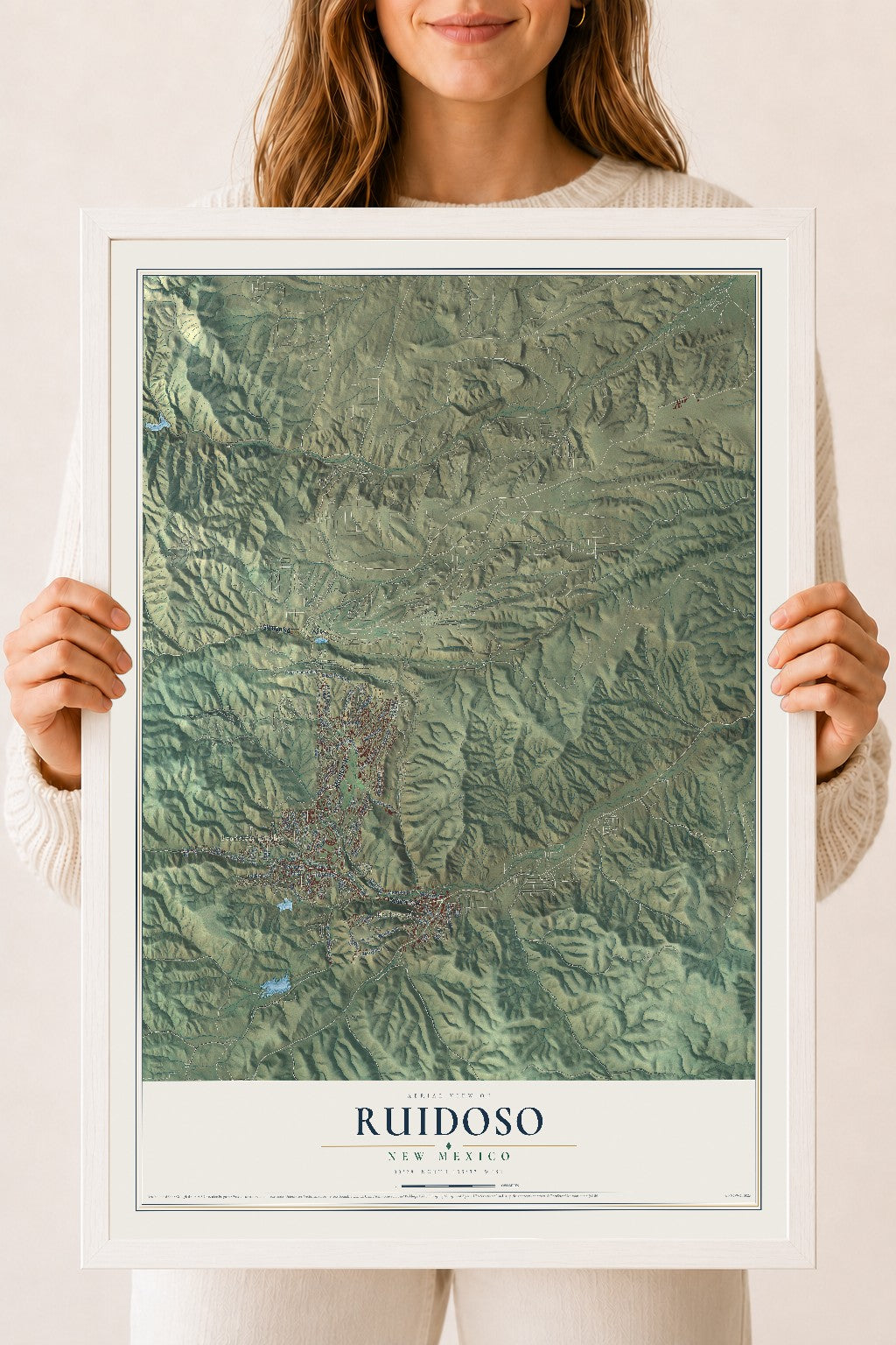 Map of Ruidoso, New Mexico, 18 x 24 inch print in a white wood frame