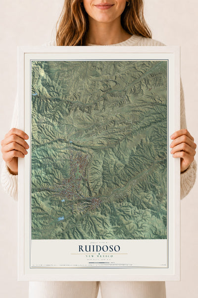 Map of Ruidoso, New Mexico, 18 x 24 inch print in a white wood frame