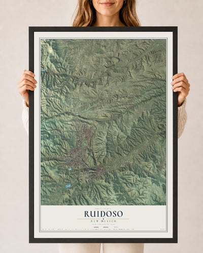 Map of Ruidoso, New Mexico, 24 x 36 inch print in a black wood frame