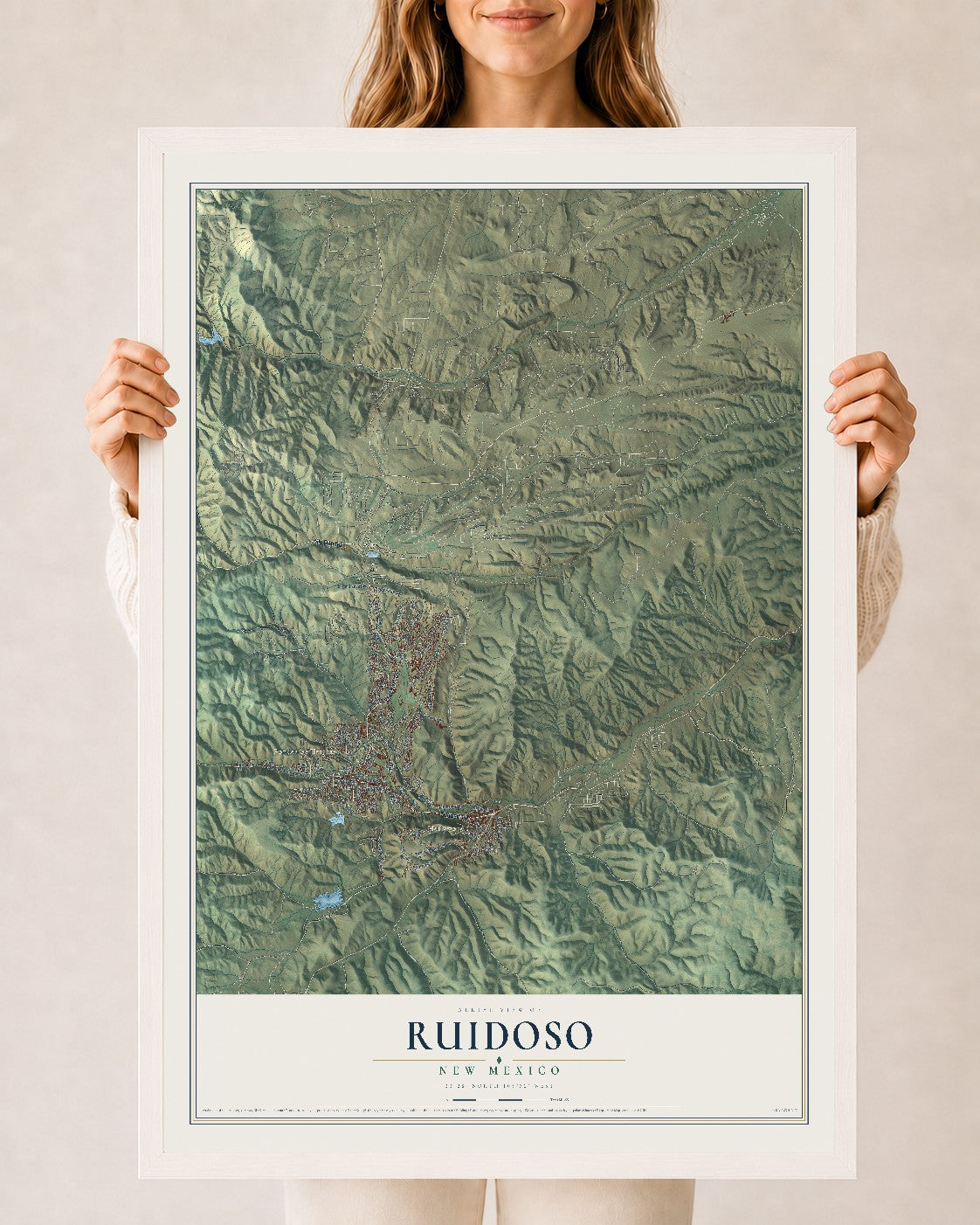 Map of Ruidoso, New Mexico, 24 x 36 inch print in a white wood frame