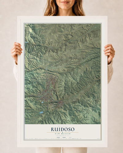Map of Ruidoso, New Mexico, 24 x 36 inch print in a white wood frame