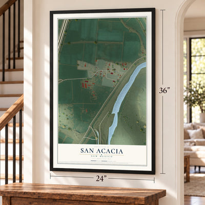 San Acacia, New Mexico map, 24 x 36 inch print in a black frame by a staircase