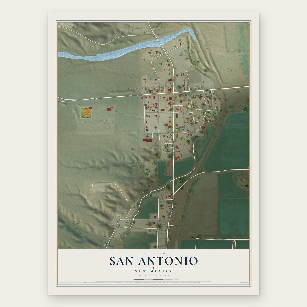 San Antonio, New Mexico map print, the full design