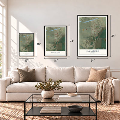 San Antonio, New Mexico map in 12 x 18, 18 x 24 and 24 x 36 inch sizes above a sofa