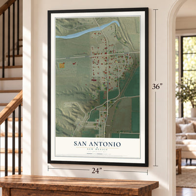San Antonio, New Mexico map, 24 x 36 inch print in a black frame by a staircase