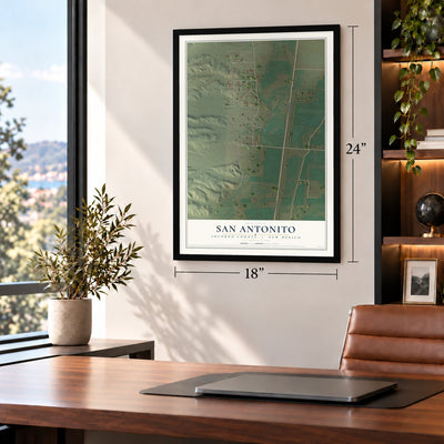 San Antonito, Socorro County, New Mexico map, 18 x 24 inch print in a black frame in a home office