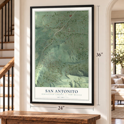 San Antonito, Bernalillo County, New Mexico map, 24 x 36 inch print in a black frame by a staircase