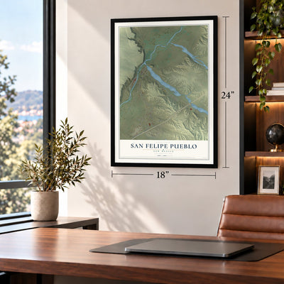 San Felipe Pueblo, New Mexico map, 18 x 24 inch print in a black frame in a home office
