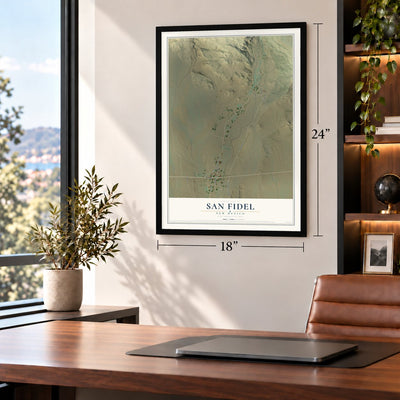San Fidel, New Mexico map, 18 x 24 inch print in a black frame in a home office