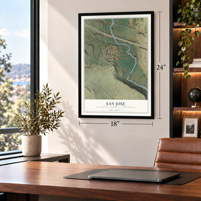 San Jose, San Miguel County, New Mexico map, 18 x 24 inch print in a black frame in a home office