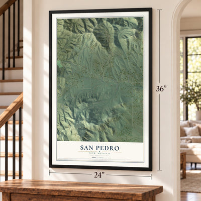 San Pedro, New Mexico map, 24 x 36 inch print in a black frame by a staircase