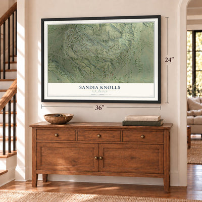 Sandia Knolls, New Mexico map, 24 x 36 inch print in a black frame above a dresser by a staircase
