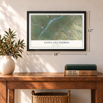 Santa Ana Pueblo, New Mexico map, 12 x 18 inch print in a black frame in an entryway