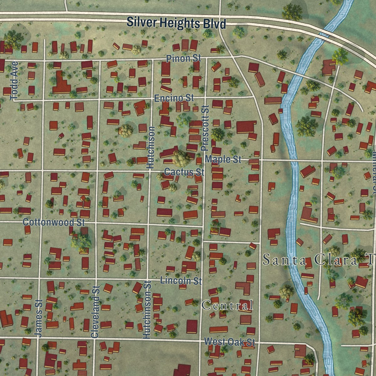 Close-up of the map of Santa Clara, New Mexico print showing street and building detail
