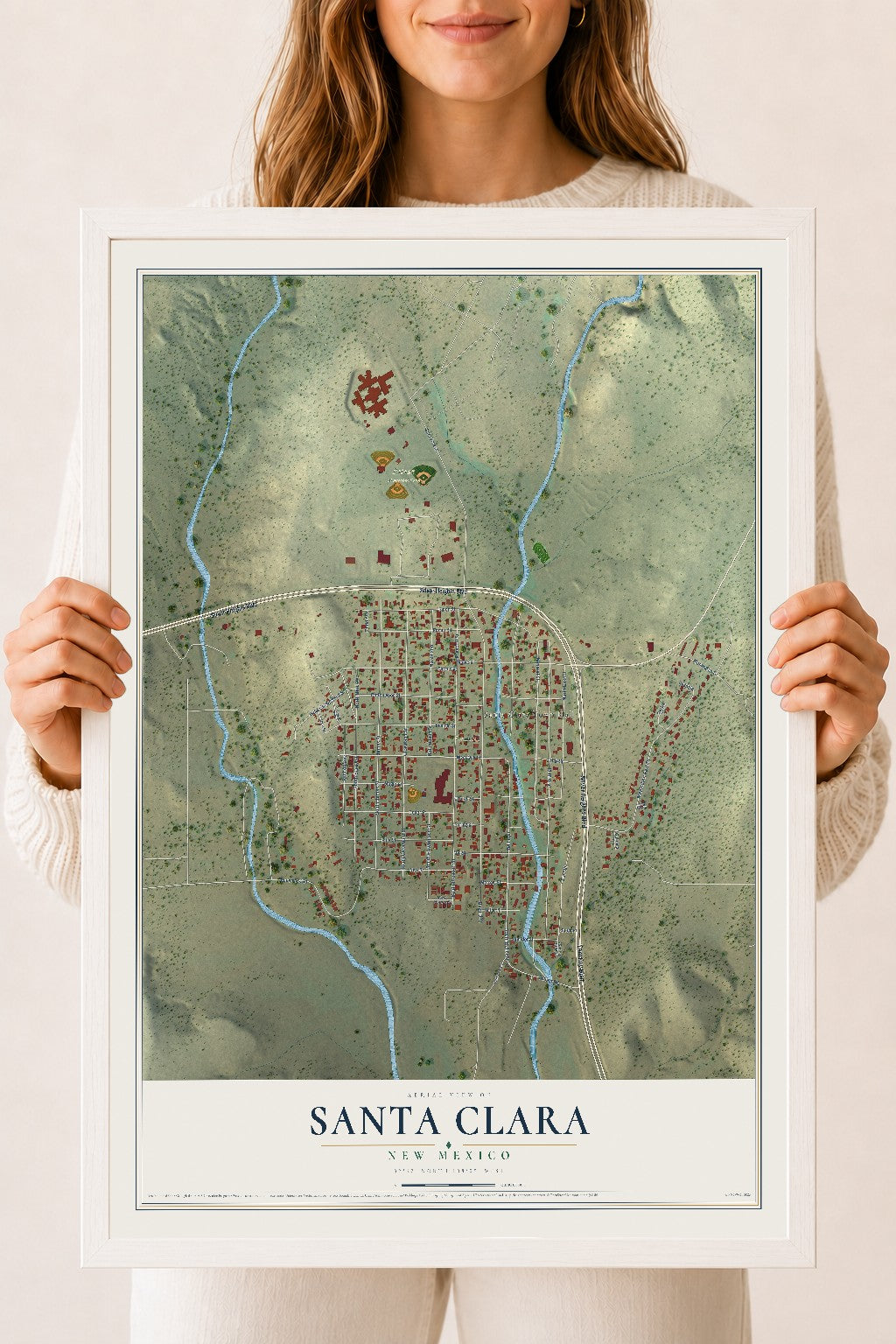 Map of Santa Clara, New Mexico, 18 x 24 inch print in a white wood frame