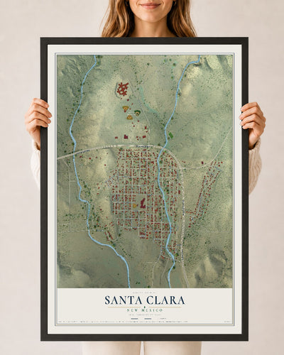 Map of Santa Clara, New Mexico, 24 x 36 inch print in a black wood frame