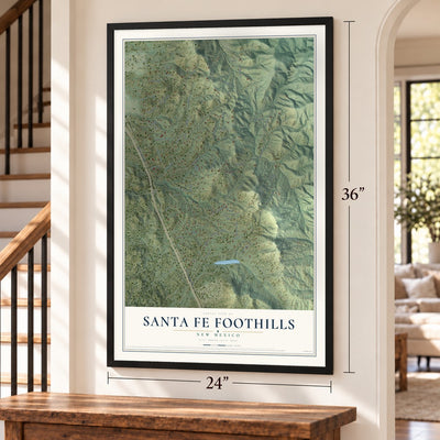 Santa Fe Foothills, New Mexico map, 24 x 36 inch print in a black frame by a staircase